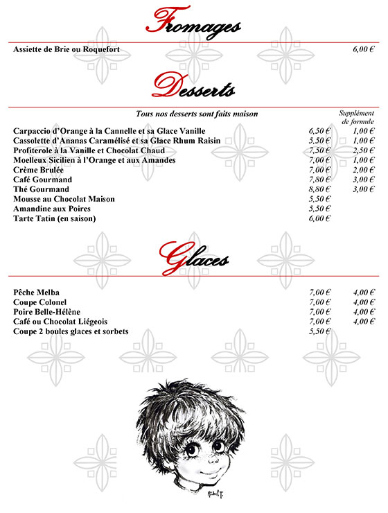 Menu fromages, desserts, glaces
